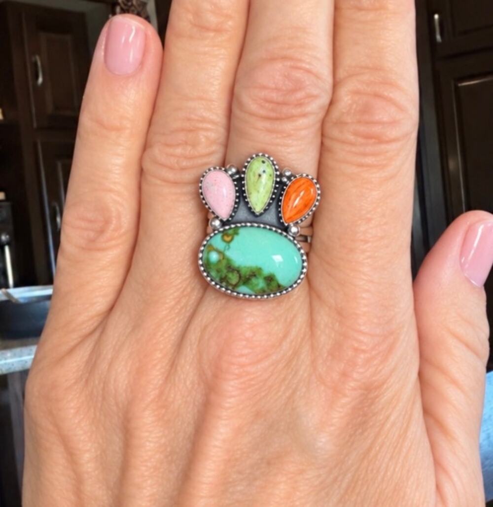 Sonoran Mountain & Paloma Turquoise Ring with Pink conch and Orange Spiny